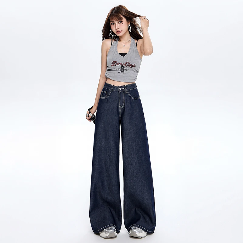丹宁蓝天丝阔腿牛仔裤女2025春夏薄款防褪色宽松显瘦垂感直筒裤子