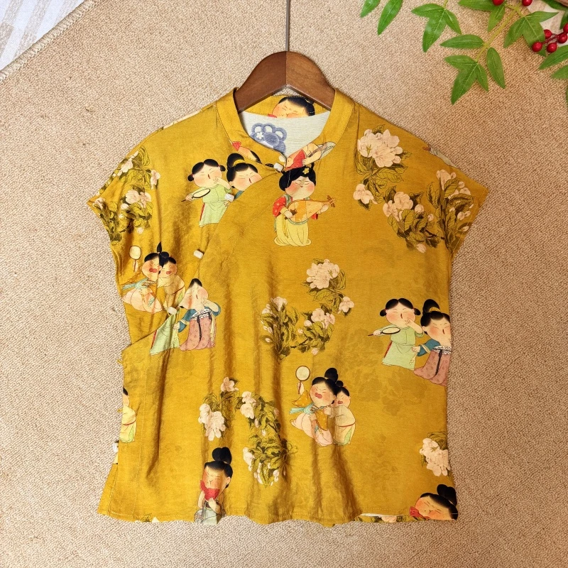 新中式黄色小唐人印花短款小飞袖夏季背心女衬衫时尚宽松