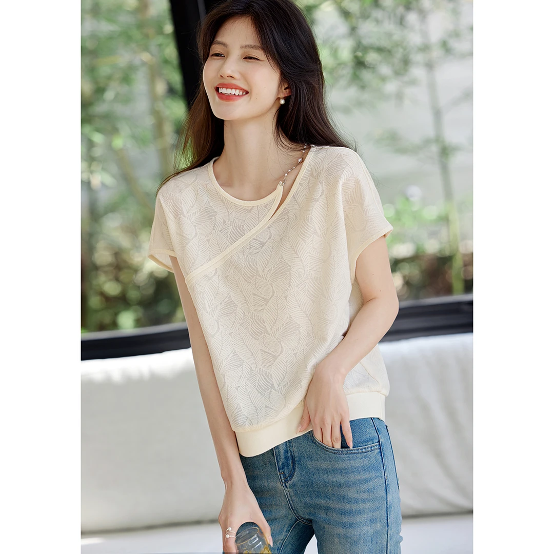 XWI/欣未2025夏优雅珍珠链条镂空肌理针织T恤优雅气质针织T恤3538