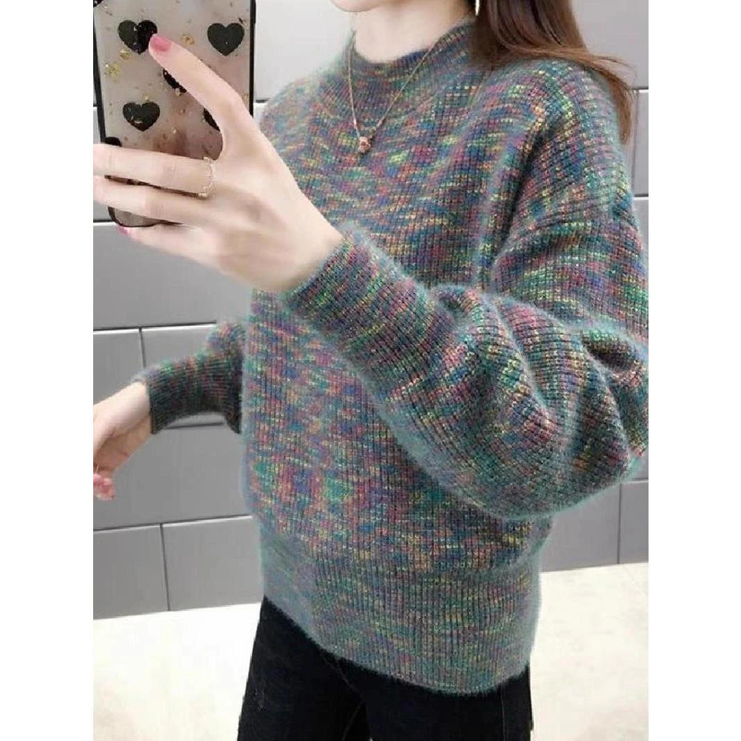 韩版水貂绒秋冬季宽松毛衣女2025年新款加绒半高领针织打底衫上衣