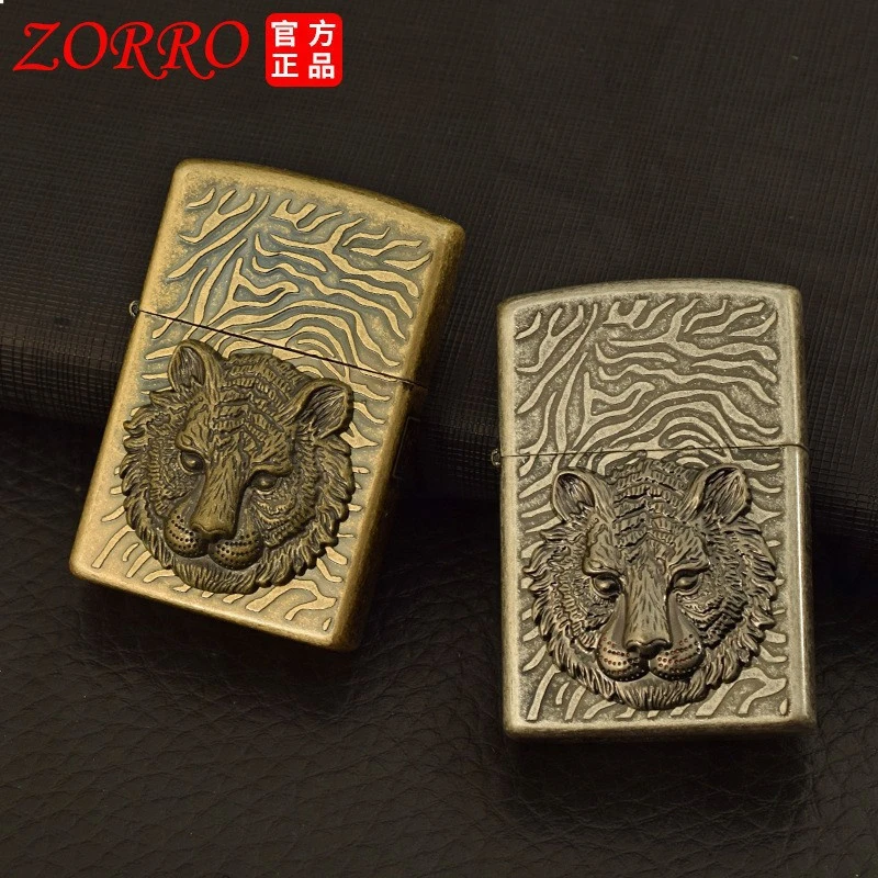 正品佐罗zorro砂轮防风打火机三面虎头贴章抖音直播男士火机代发a