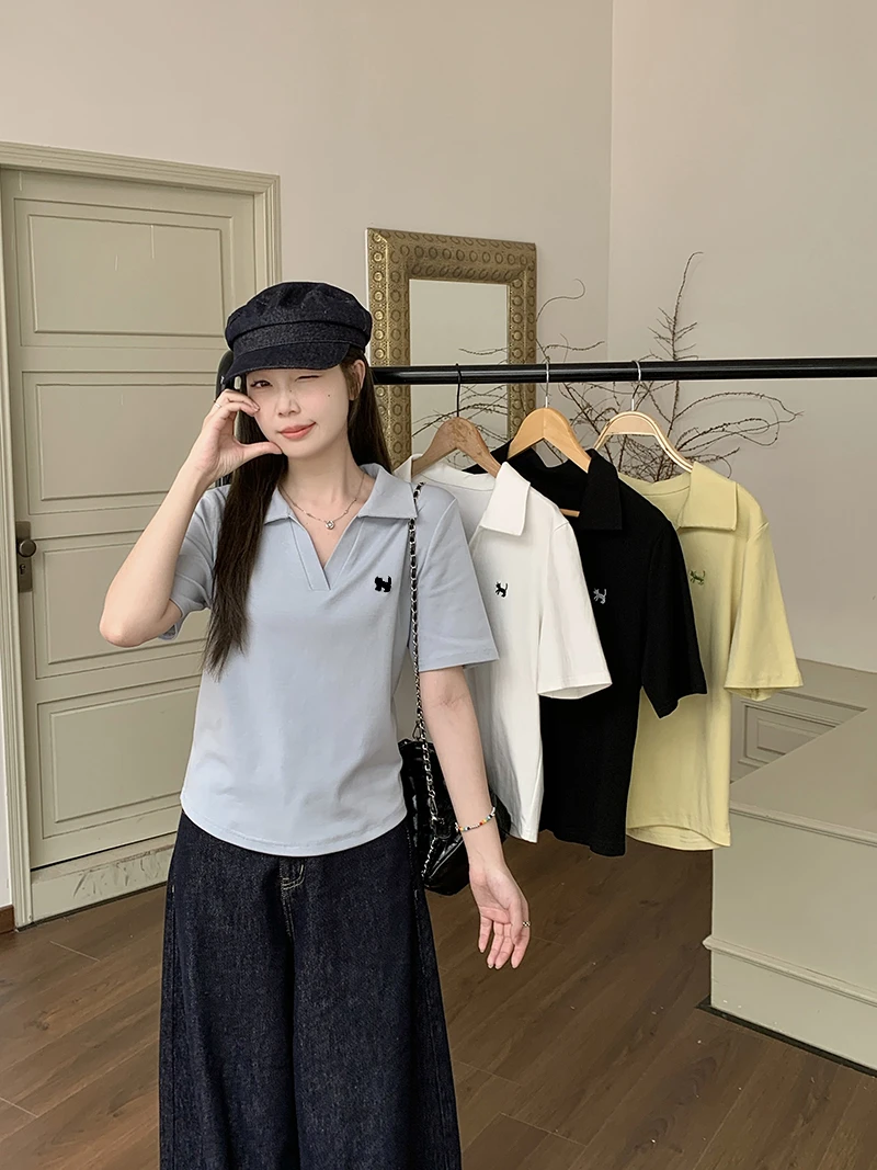 【小爱】2025夏装新款胖mm大码女设计感卡通刺绣polo领短袖T恤