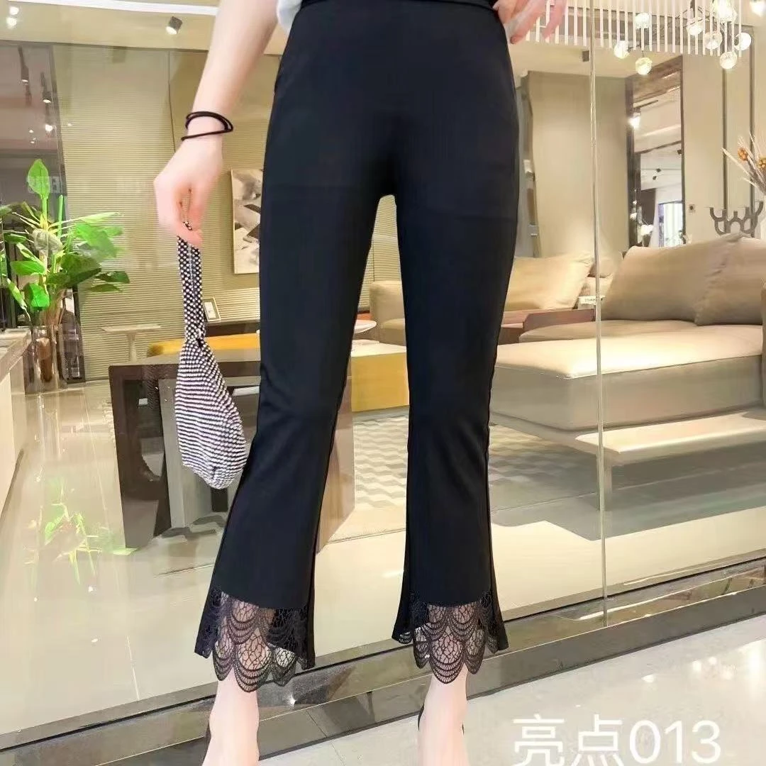 013喇叭裤高腰韩版松紧腰大码显瘦裤脚拼接蕾丝凤尾休闲8分裤
