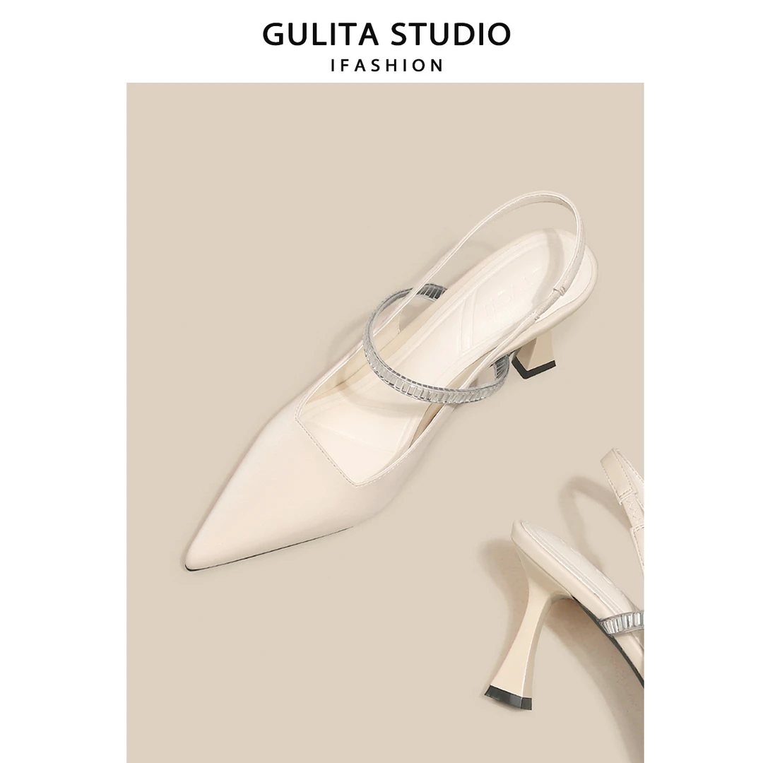 2025尖头细跟高跟法式单鞋女白色伴娘鞋一字带水钻气质包头凉鞋女