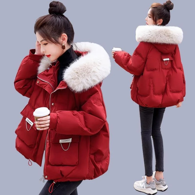 潮流派克羽绒棉服女红色短款冬季2025年爆款韩版皮毛一体羊皮袄