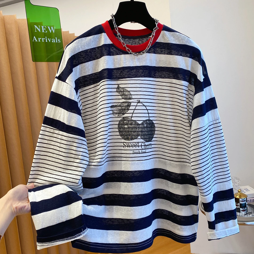 胖妹妹240斤大码复古设计感条纹长袖上衣女秋季宽松显瘦打底T恤衫