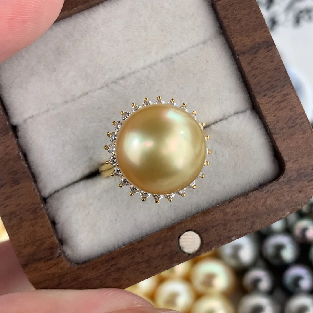 定制海水珍珠银S925镶嵌戒指/指环南洋金珠13.1mm款后无瑕