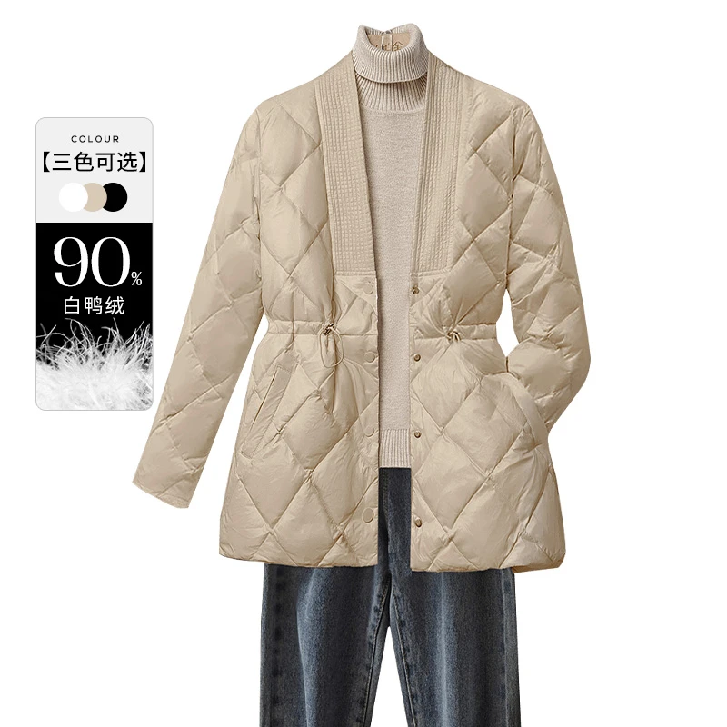 丝柏舍2025流光风冬装新款女纯色宽松V领气质菱格羽绒服S23B5583Y