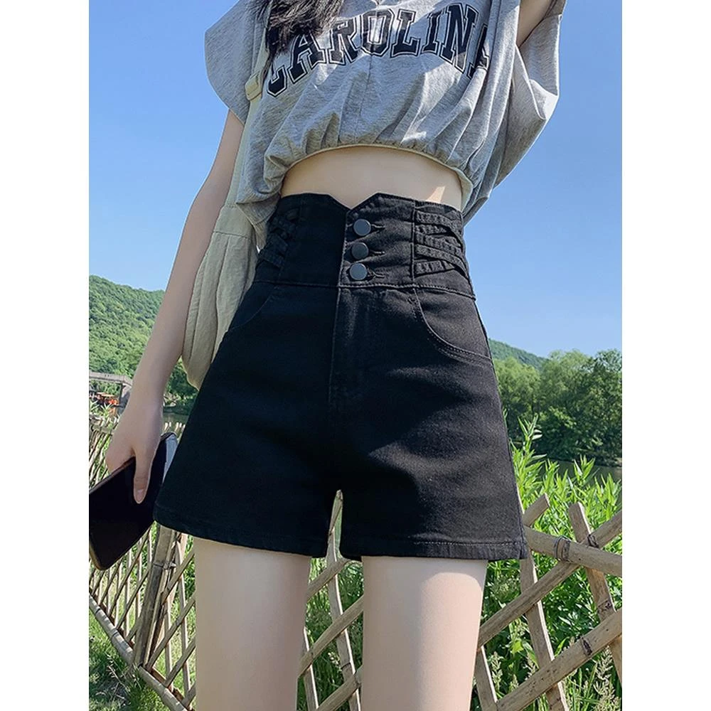 弹力黑色牛仔短裤女春夏大码女款外穿排扣收腹超高腰阔腿a字热裤