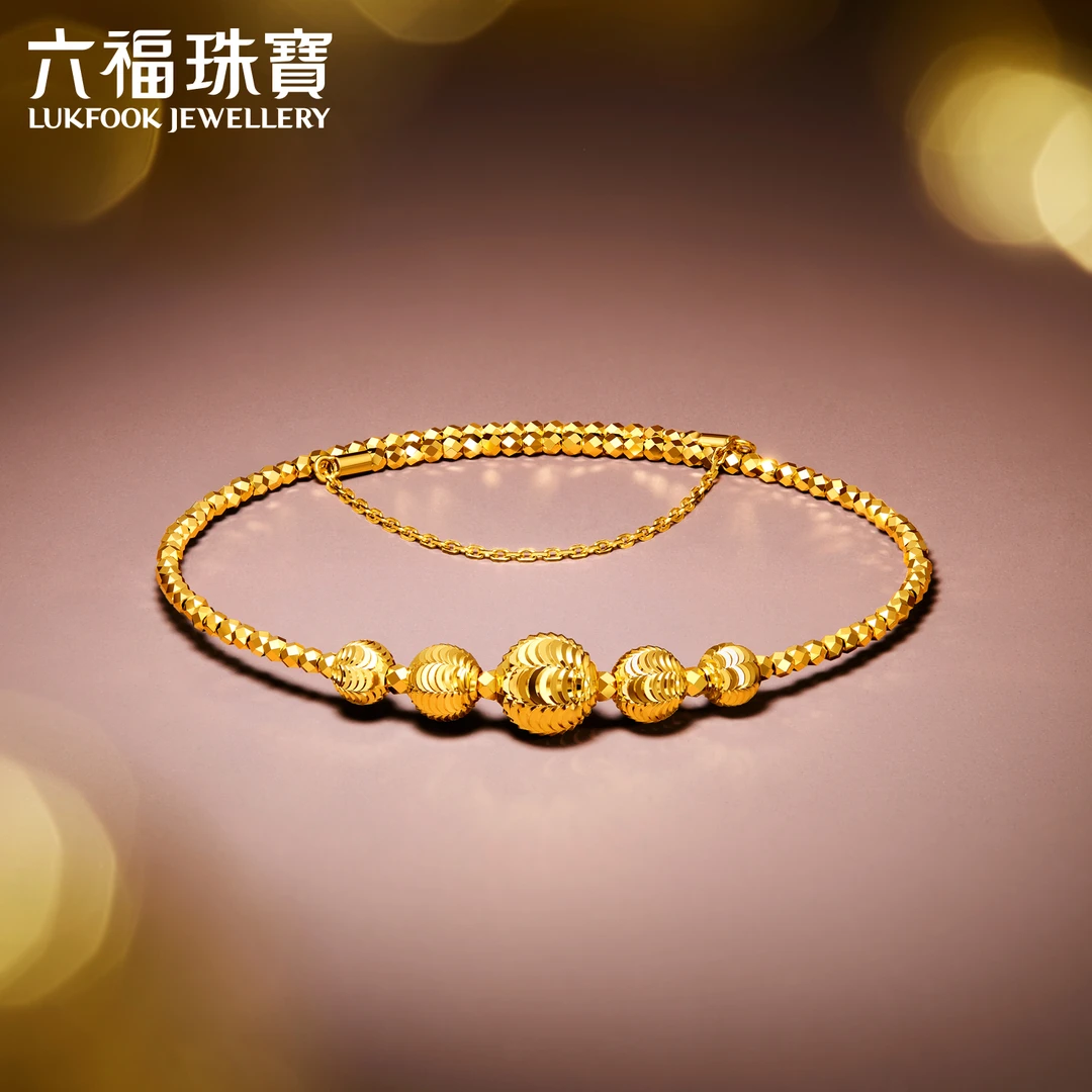六福珠宝幻影金珠黄金手镯足金弹力手链椭圆贵妃镯计价GJG0141DS
