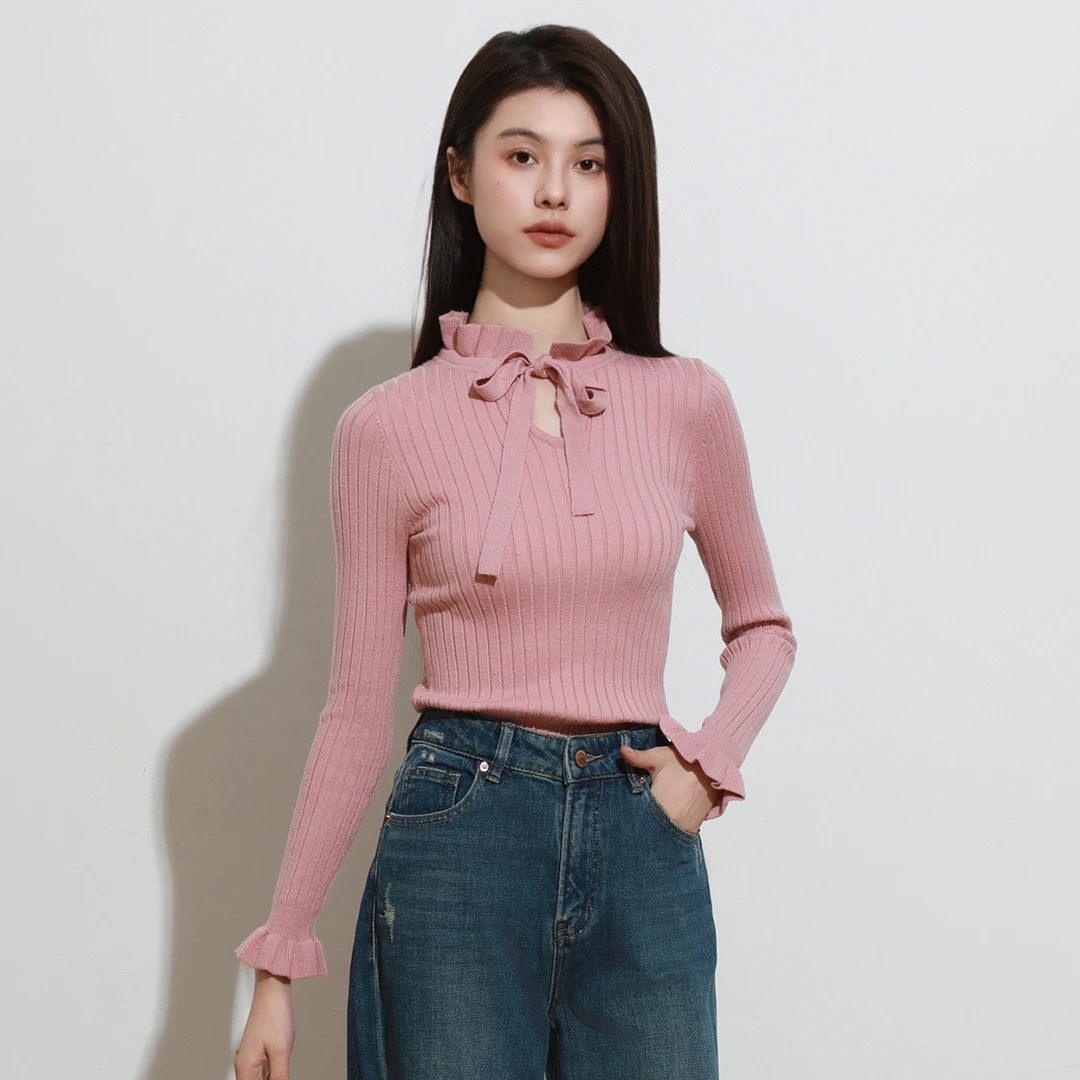 TITI 秋季木耳边修身蝴蝶结系带百搭针织毛衣