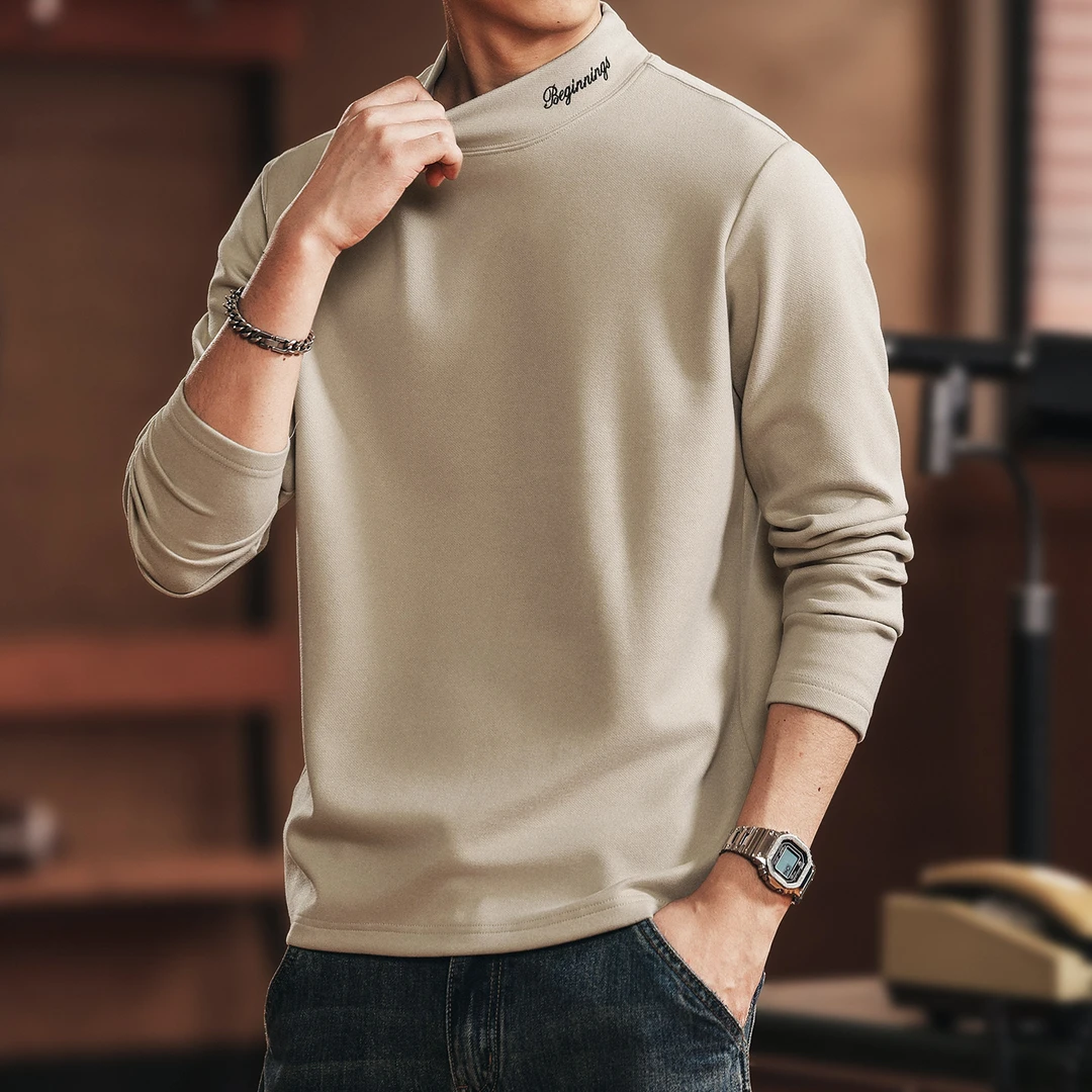 格蓝鹿美式复古半高领口刺绣长袖t恤男士2025新款秋季内搭打底衫