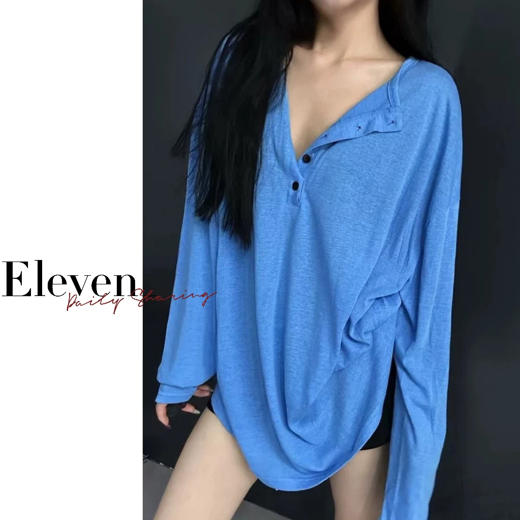 Eleven_  慵懒风圆领长袖薄款防晒T恤