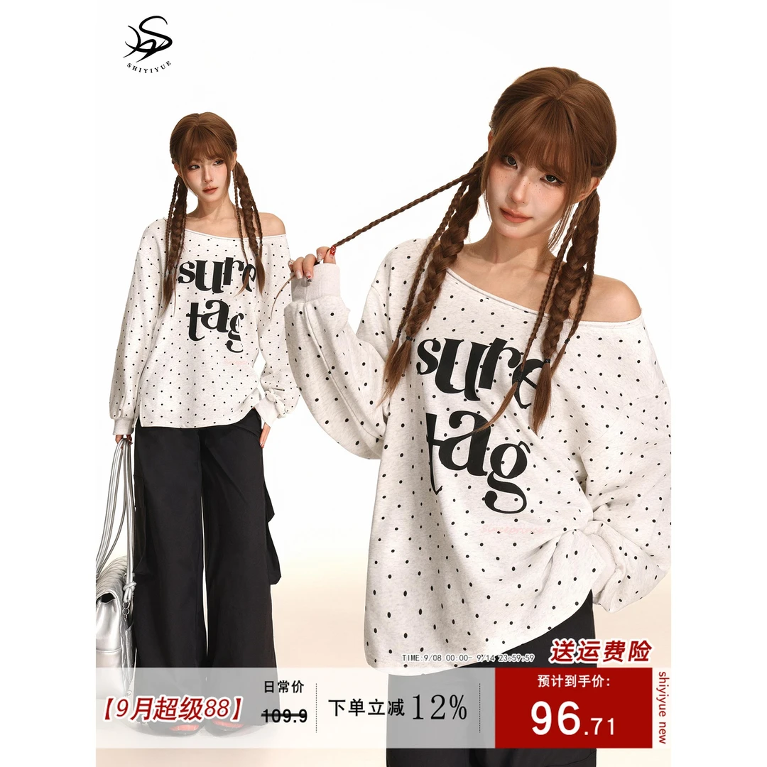 覆古斜肩辣妹白色波点字母印花长袖恤女秋宽松上衣