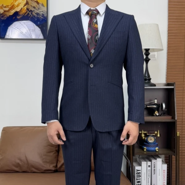 西服套装商务休闲条纹正装西装修身商务戗驳领西服礼服男装藏青