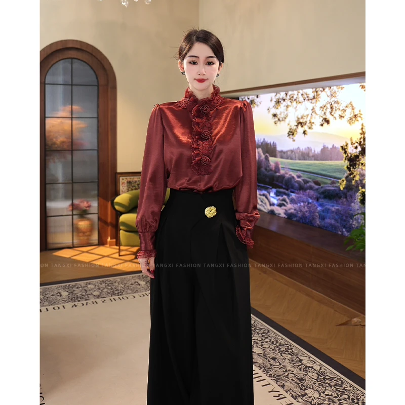 预售2025秋冬【LT-D960】加绒加厚宽松长袖级感缎面红色衬衫上衣女