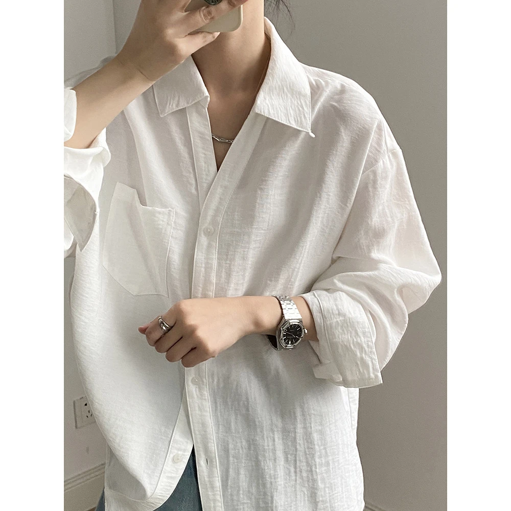 亚麻混纺百搭薄款V领衬衫女款夏季简约休闲长袖宽松上衣衬衣通勤