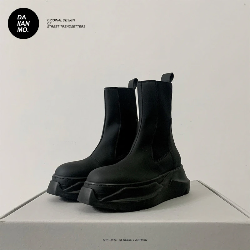 拉长腿型厚底短靴女弹力套筒切尔西靴黑色RO高阶靴子平底马丁靴
