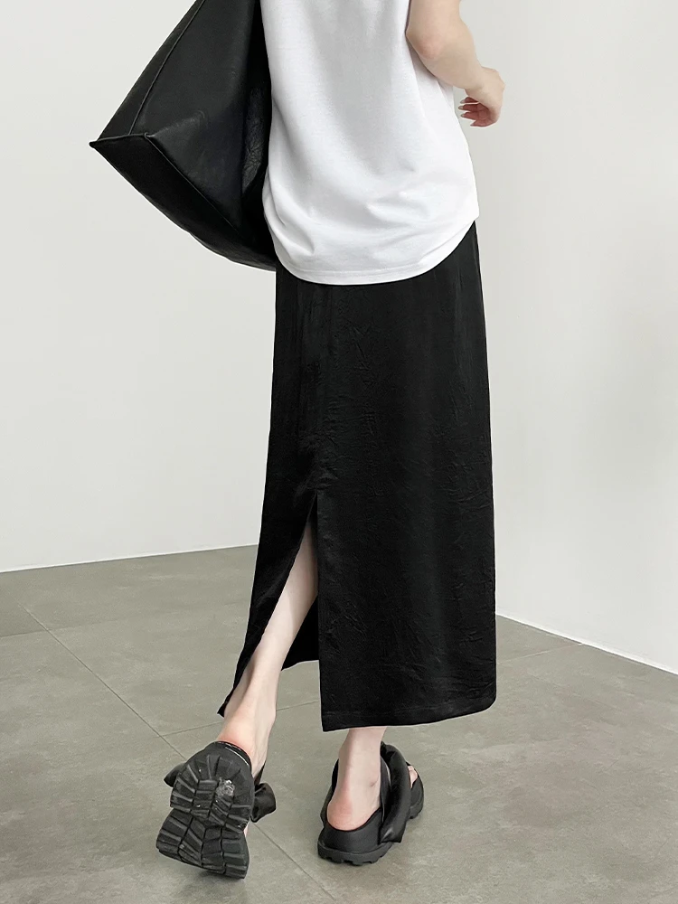 新款醋酸春夏半身裙子高腰显瘦a字半裙新中式高级感开叉缎面裙子