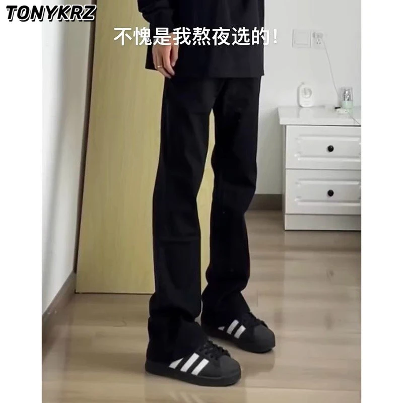 TONYKRZ黑色窄版牛仔裤男美式高街vibe风裤子男生微喇修身直筒裤