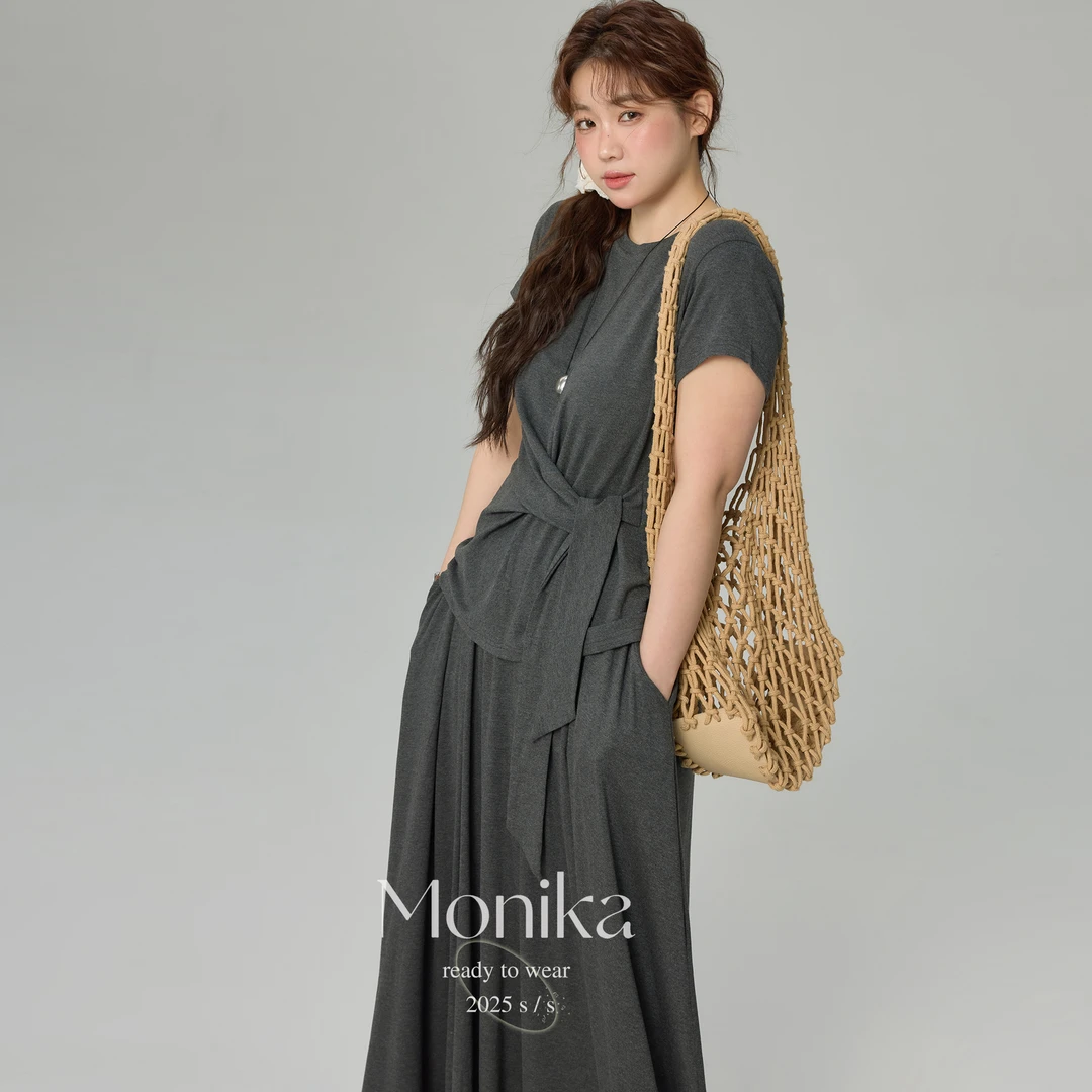 大码女装2025夏季新款胖mm显瘦遮肉绑带T恤上衣+半身裙套装4933