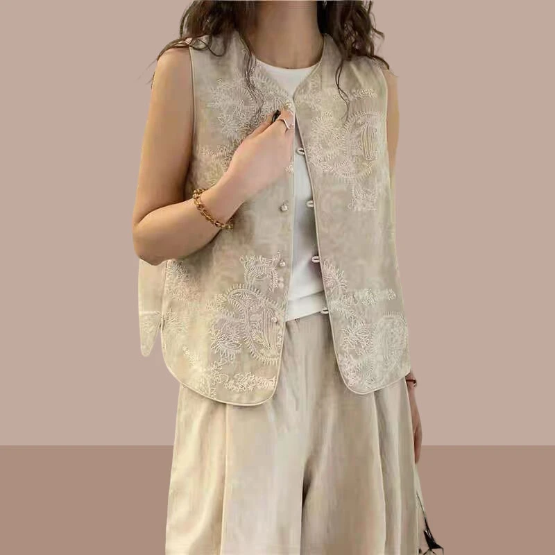 新中式国风刺绣麻料马甲女装秋季2025新款外贸尾单欧货无袖外套潮