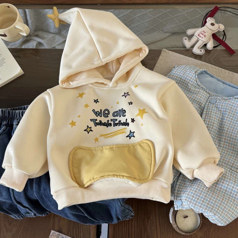 【星星人】QY255310橘止皮男童25秋冬星星帽加绒连帽套头卫衣