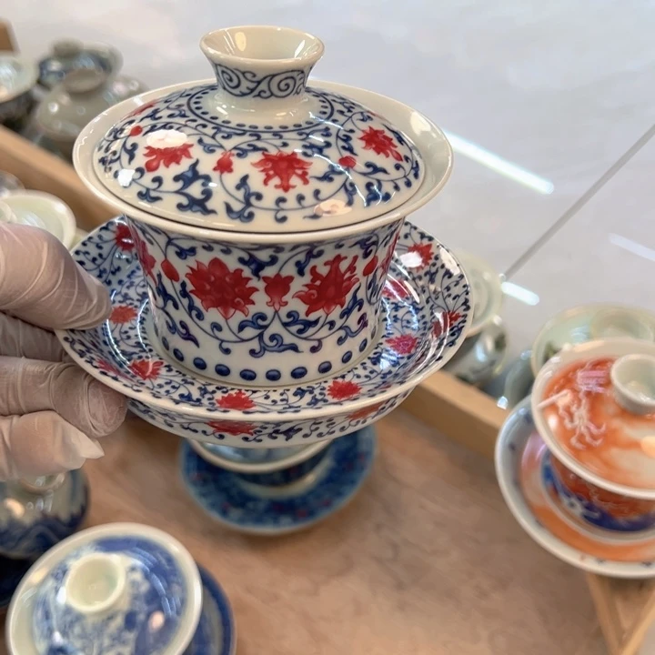 摆件陶白青花釉里红马蹄盖碗全品