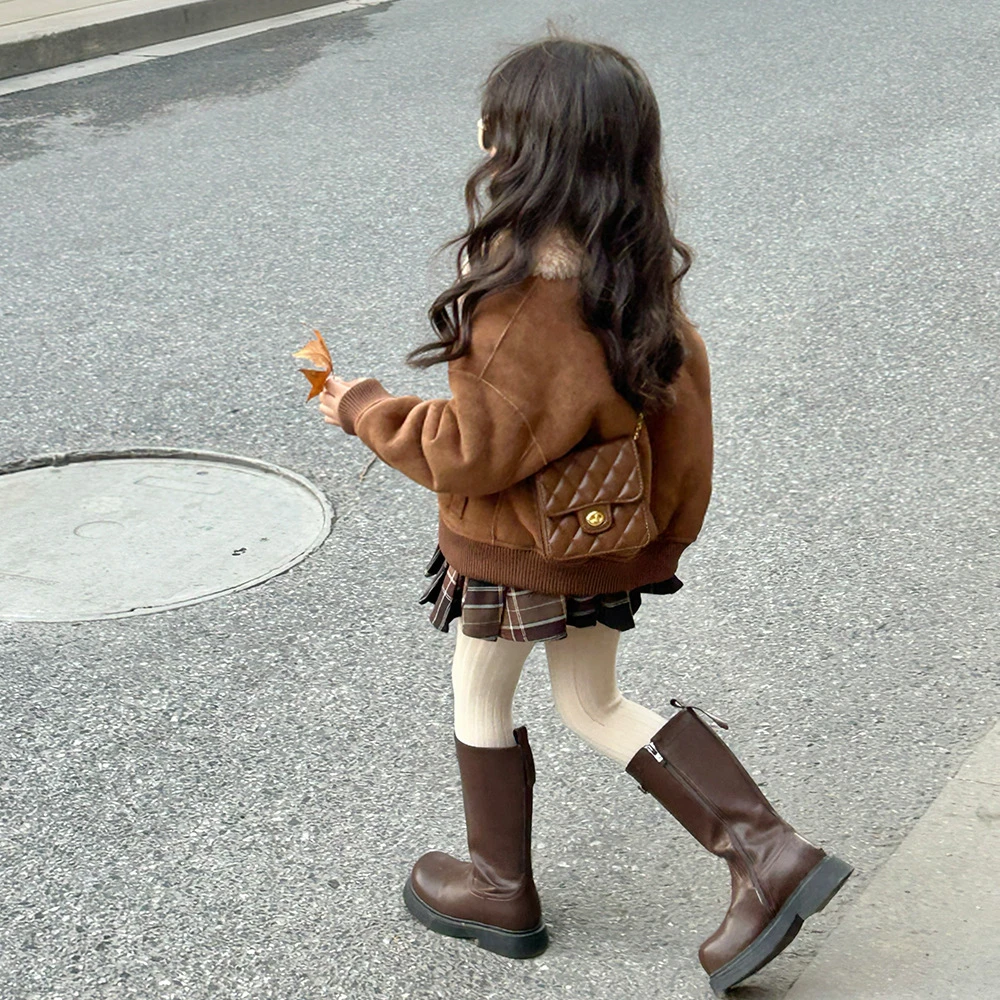 女童皮草冬季新款洋气加厚羊羔毛机车翻领夹克男童装儿童毛毛外套