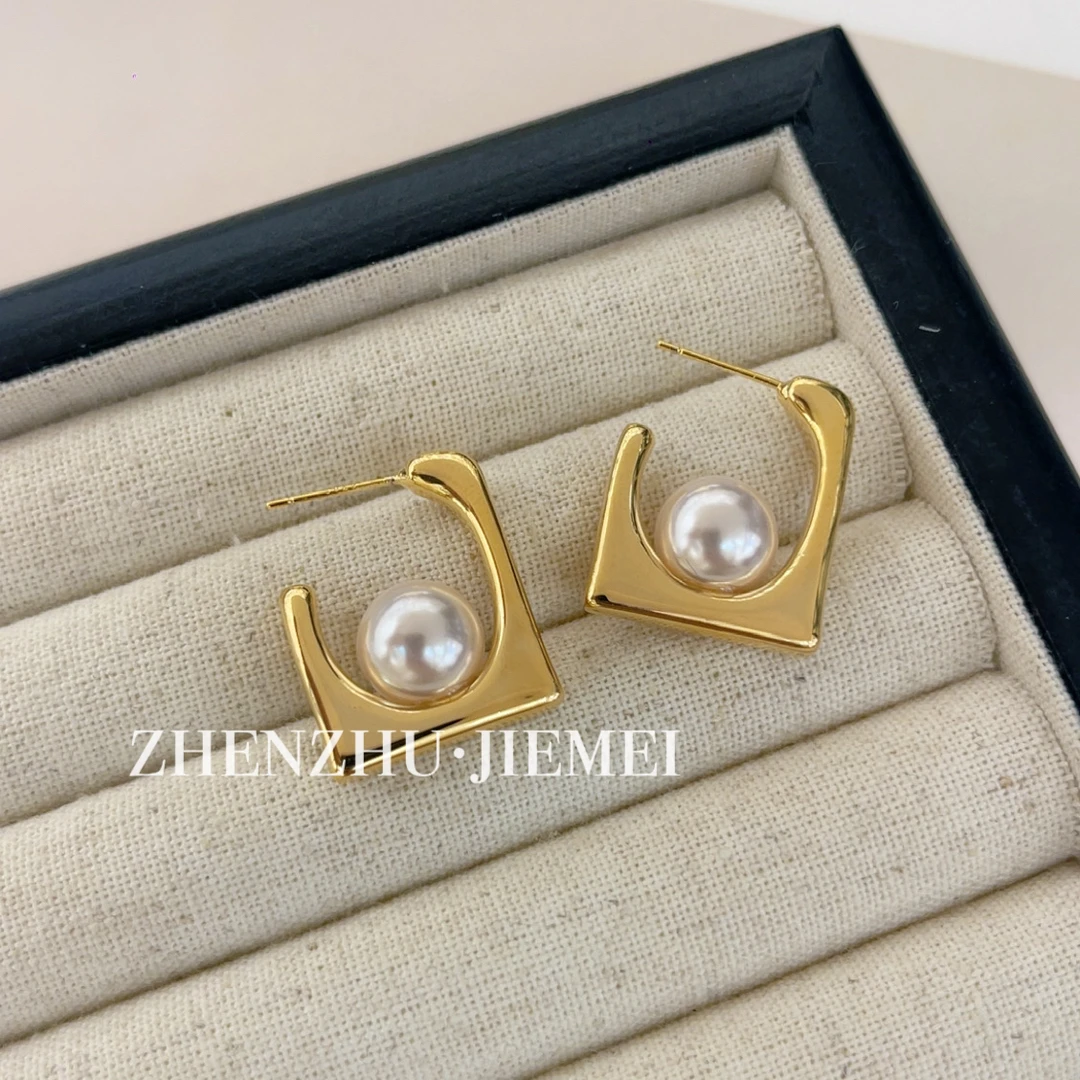 铜合金仿珍珠耳饰 （方形珠子耳钉）时尚简约设计感气质