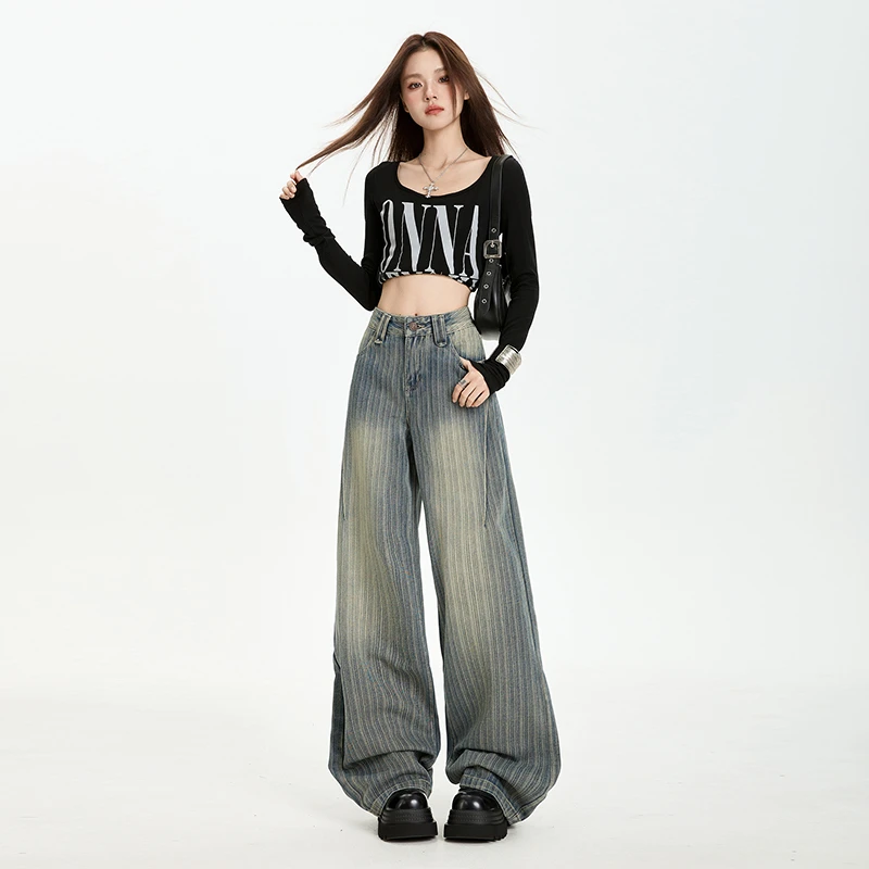 2025秋装美式复古竖条纹设计感阔腿牛仔裤女春季新款高腰显瘦宽松
