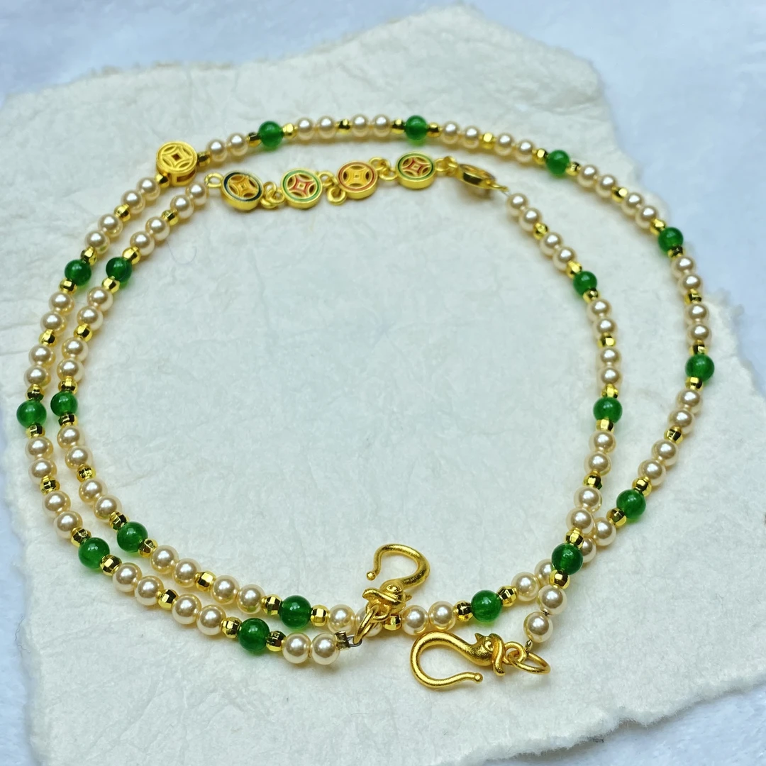 项链 F香槟色绿珠铜钱项链多样性发一件46428