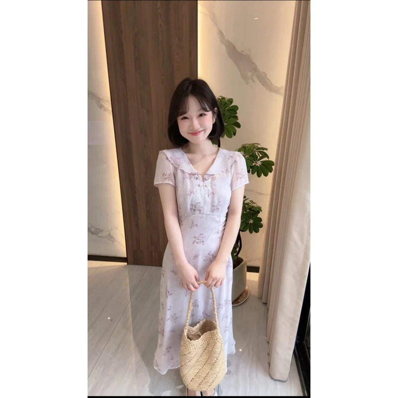 板栗西西【紫藤花园】气质法式时尚显瘦紫色印花真两件短袖连衣裙