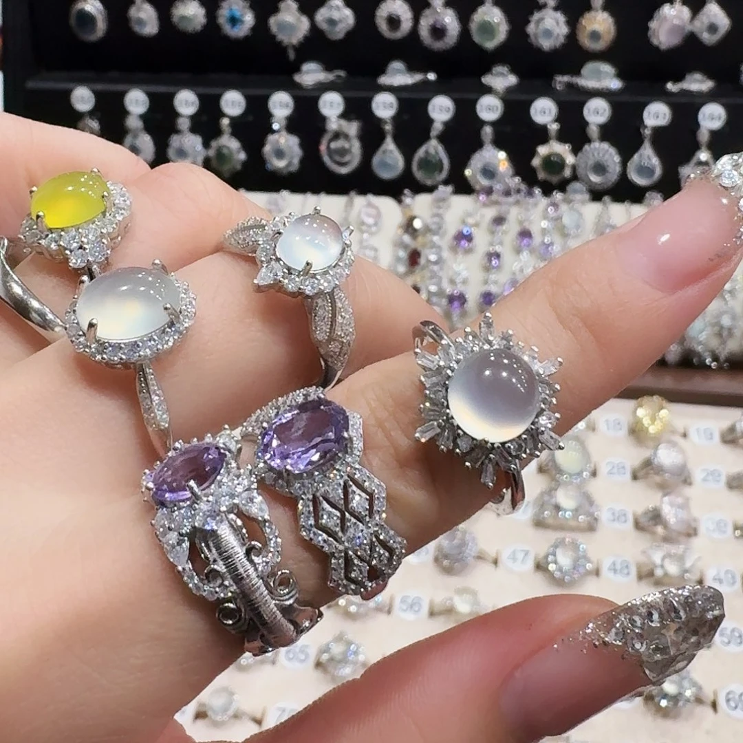 奔***塔蛇纹石玉银S925镶嵌戒指