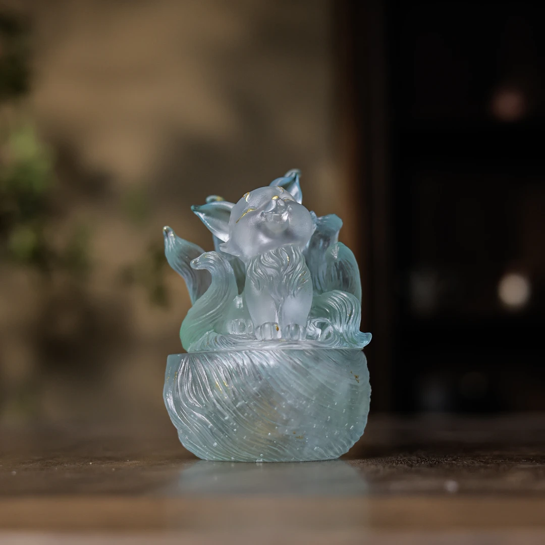 【陶珊居】蓝绿色金琉璃小灵狐 高12.5cm宽8cm（心缘0094）