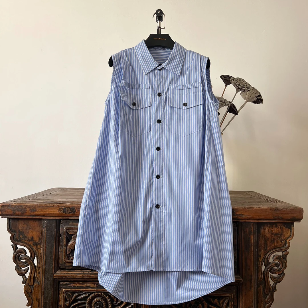 夏季翻领无袖条纹衬衫裙宽松衬衣女装休闲海妖风休闲时尚百搭