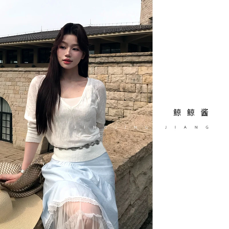 ZOZ鲸鲸酱 【轻氧感】时尚V领学院风修身小众设计针织长袖T恤上衣