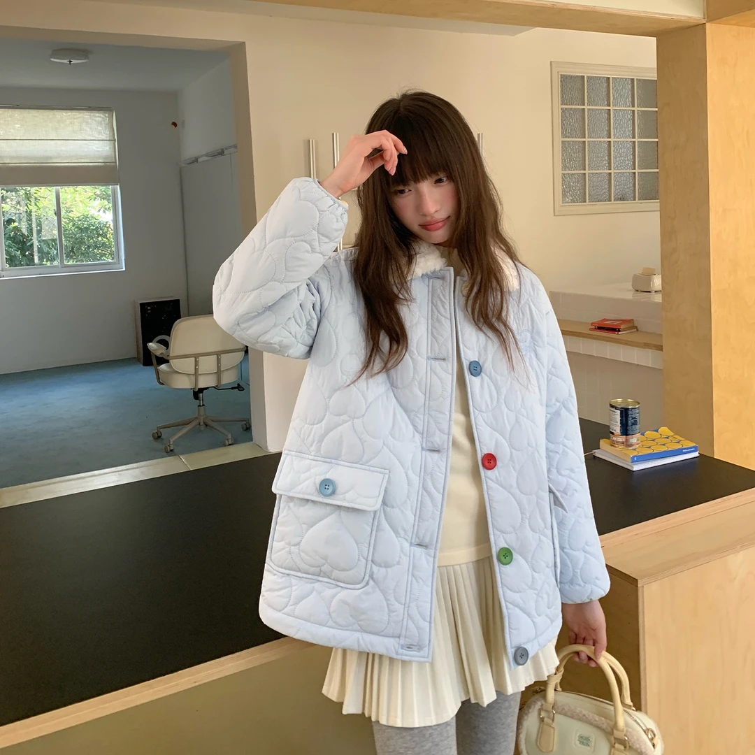 东京岁时记jk蓝色菱格棉服日系秋冬甜美小个子女加厚保暖外套棉袄