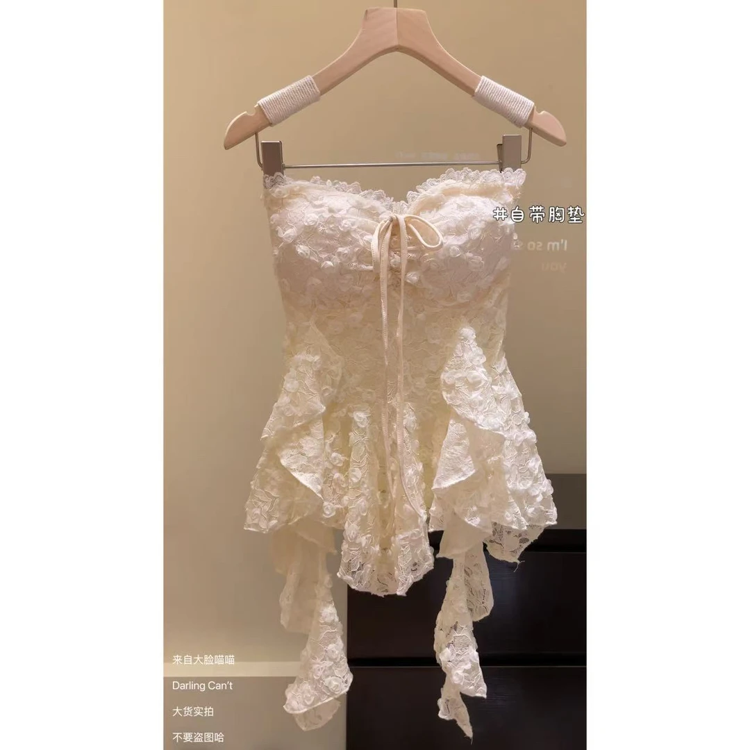 大脸喵 韩系性感辣妹蕾丝拼接抹胸背心女夏季重工设计感钩花裹胸