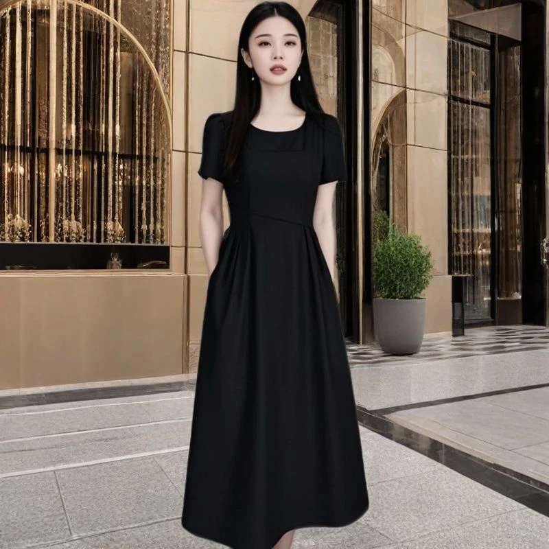 有口袋广州十三行连衣裙爆款新款夏季时尚气质显瘦赫本风黑色裙子