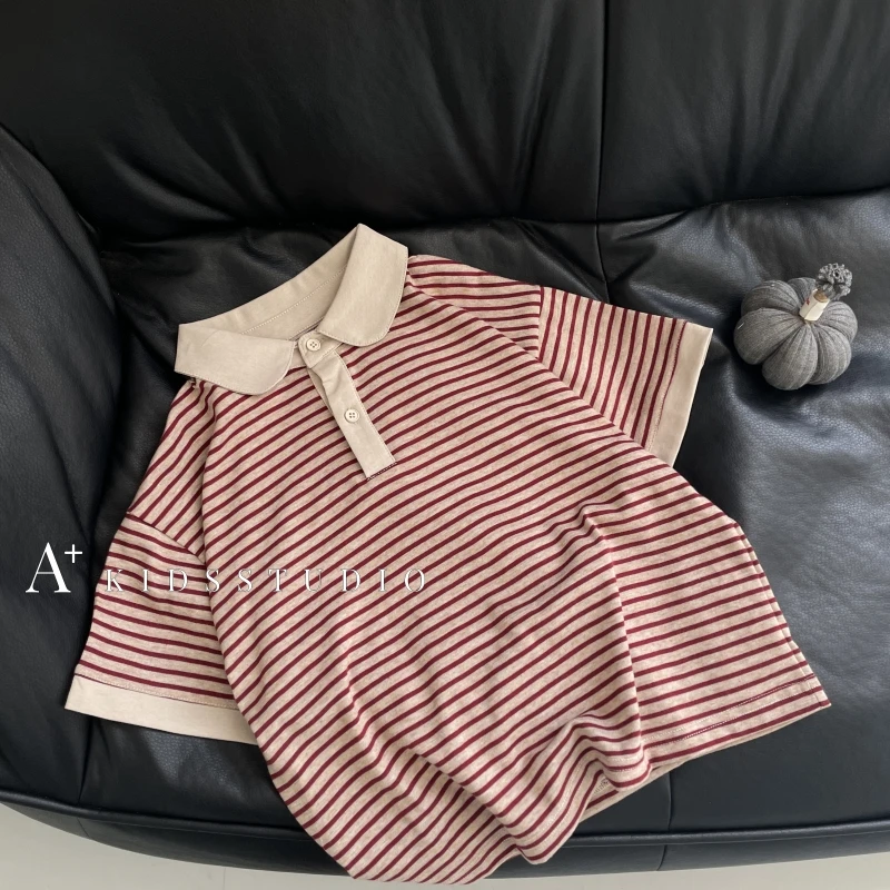 【文文妈】儿童韩版时尚条纹休闲宽松POLO领百搭短袖T恤翻领SJ5671