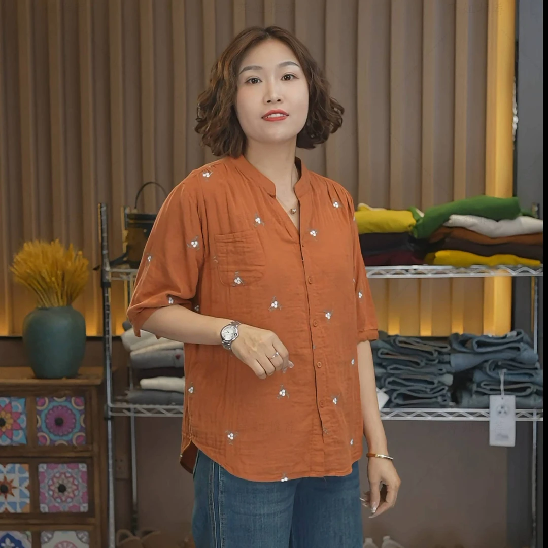 [萍姐推荐]2025V领夏季新款刺绣休闲大码衬衫显瘦上衣衬衣女