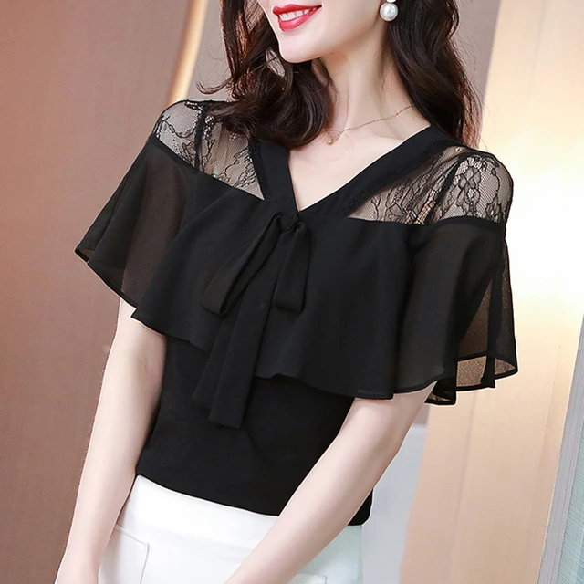 黑色雪纺衬衫女士装夏季2025年新款蕾丝显瘦时尚小衫洋气短袖上衣