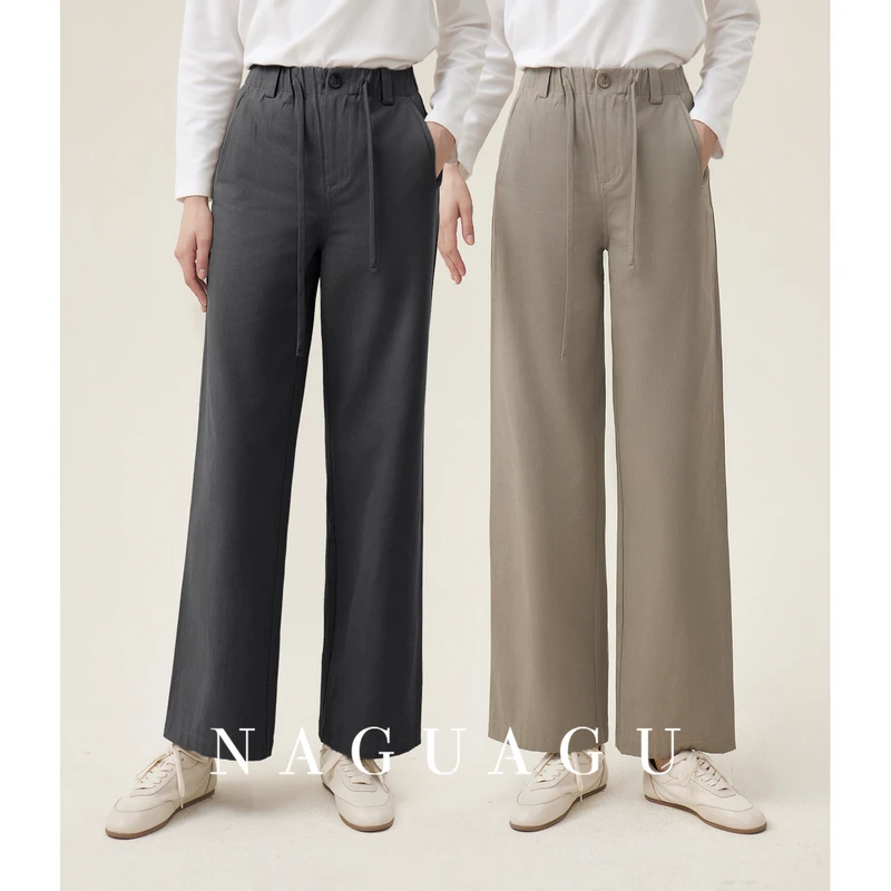 【Row风假日裤】菁选莱赛尔棉混纺 粗斜纹抽绳腰直筒休闲裤女