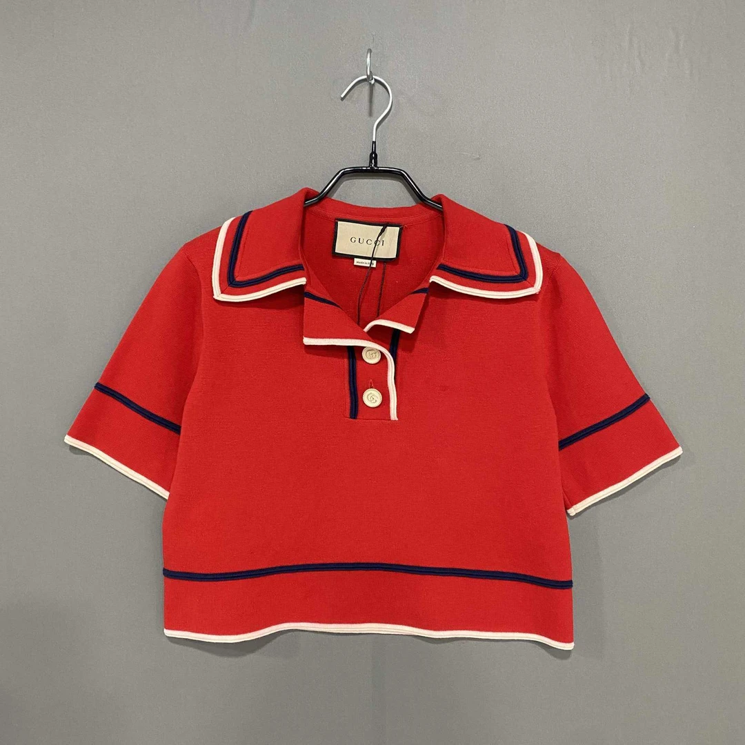 99新 GUCCI/古驰 红色条纹装饰边短袖上衣/XXS码/56374