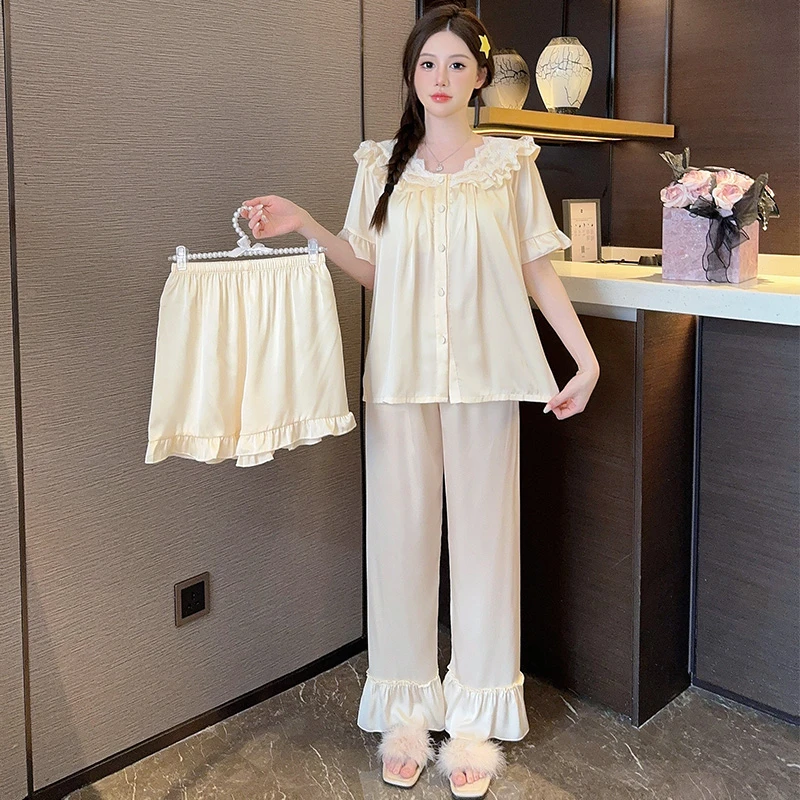 冰丝睡衣女春夏季宫廷蕾丝短袖套装家居服甜美宽松可外穿自带胸垫