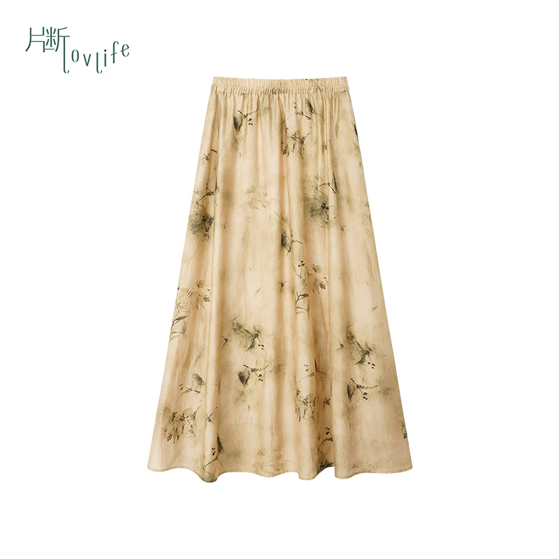 片断半身裙女新款松紧腰国风优雅休闲印花小个子垂感长裙
