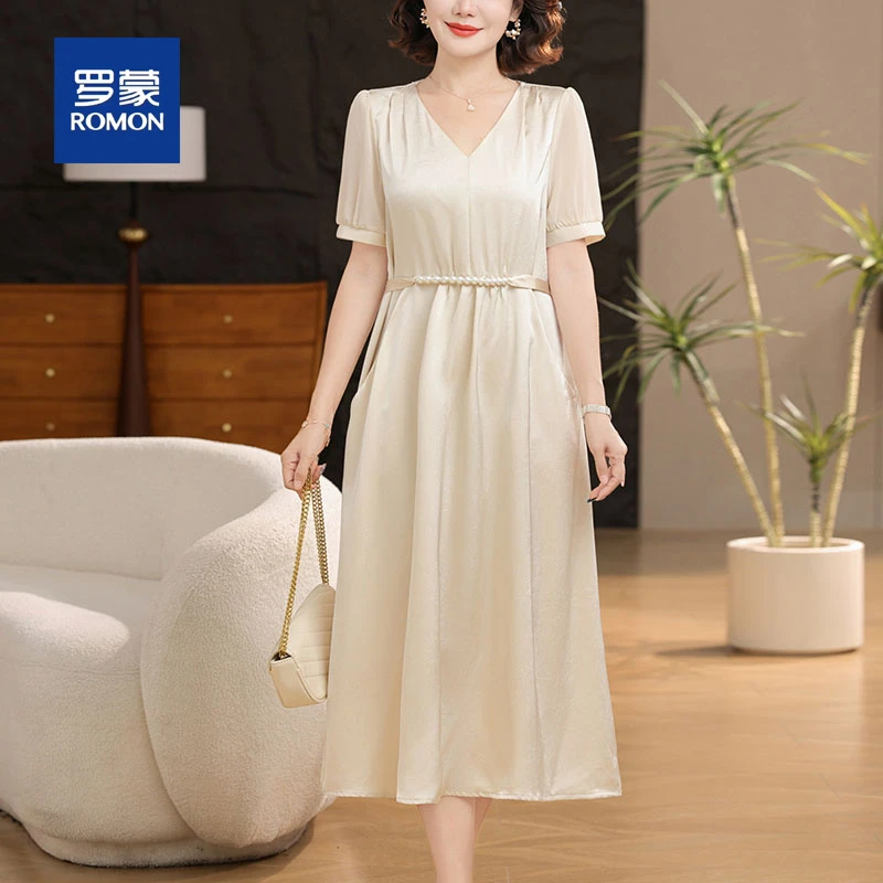 罗蒙中年妈妈连衣裙洋气夏装2025新款中老年女装端庄大气短袖裙子