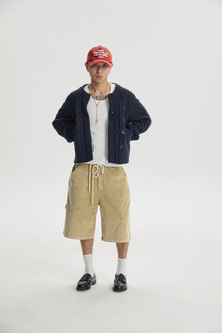 21sist「FREESIDEWALKS」夏日浅卡其色酵磨水洗工装灯芯绒七分裤