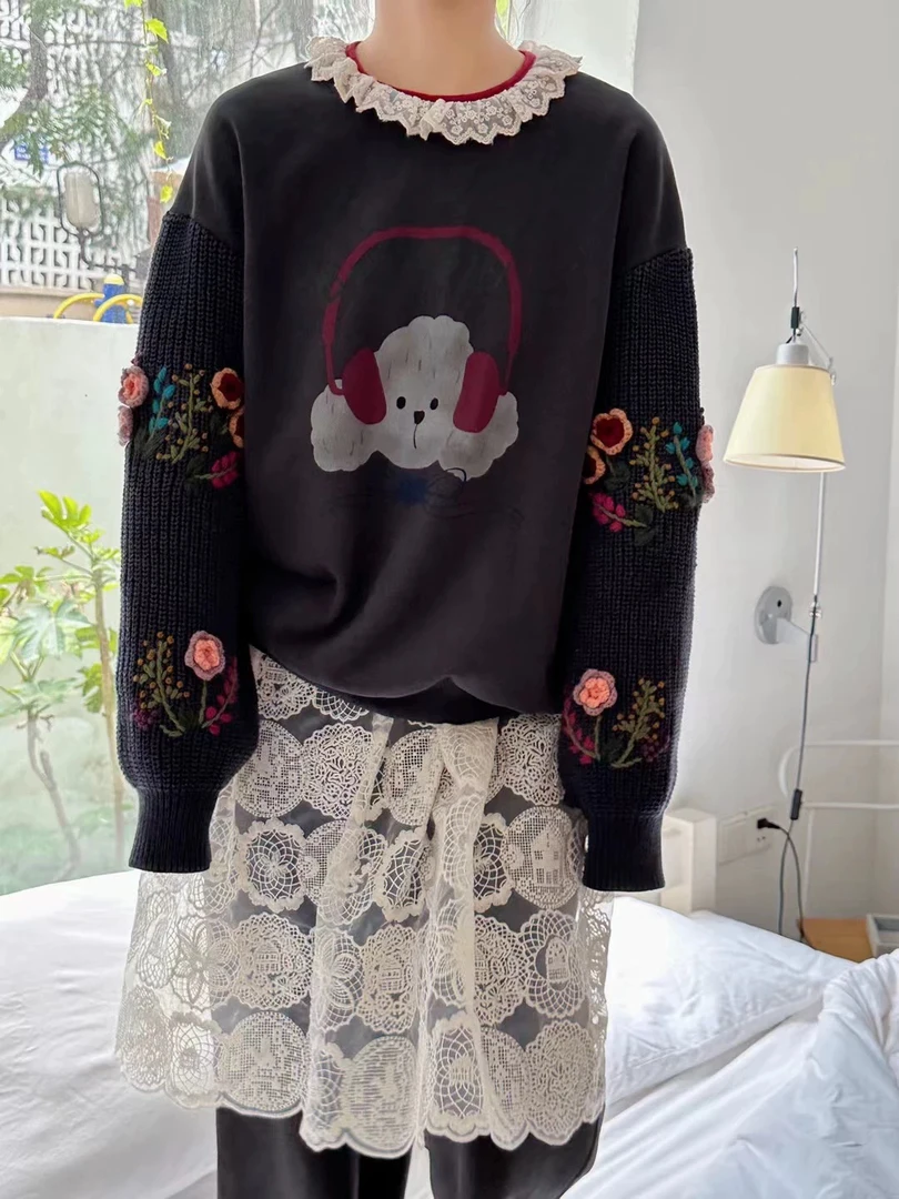 熊姑娘毛线钩花袖子卫衣 特价no退换